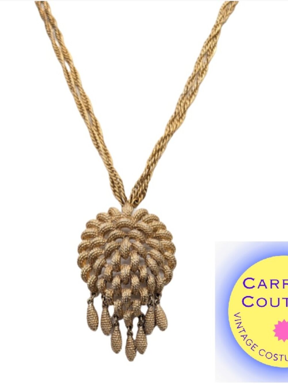 Vintage 1960s Signed Monet Goldtone Fringe Pendant Necklace